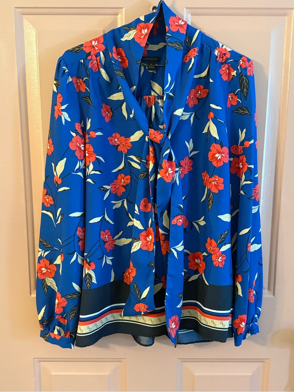 Ann Taylor Tie-Neck Blouse - Blue with Red Floral
